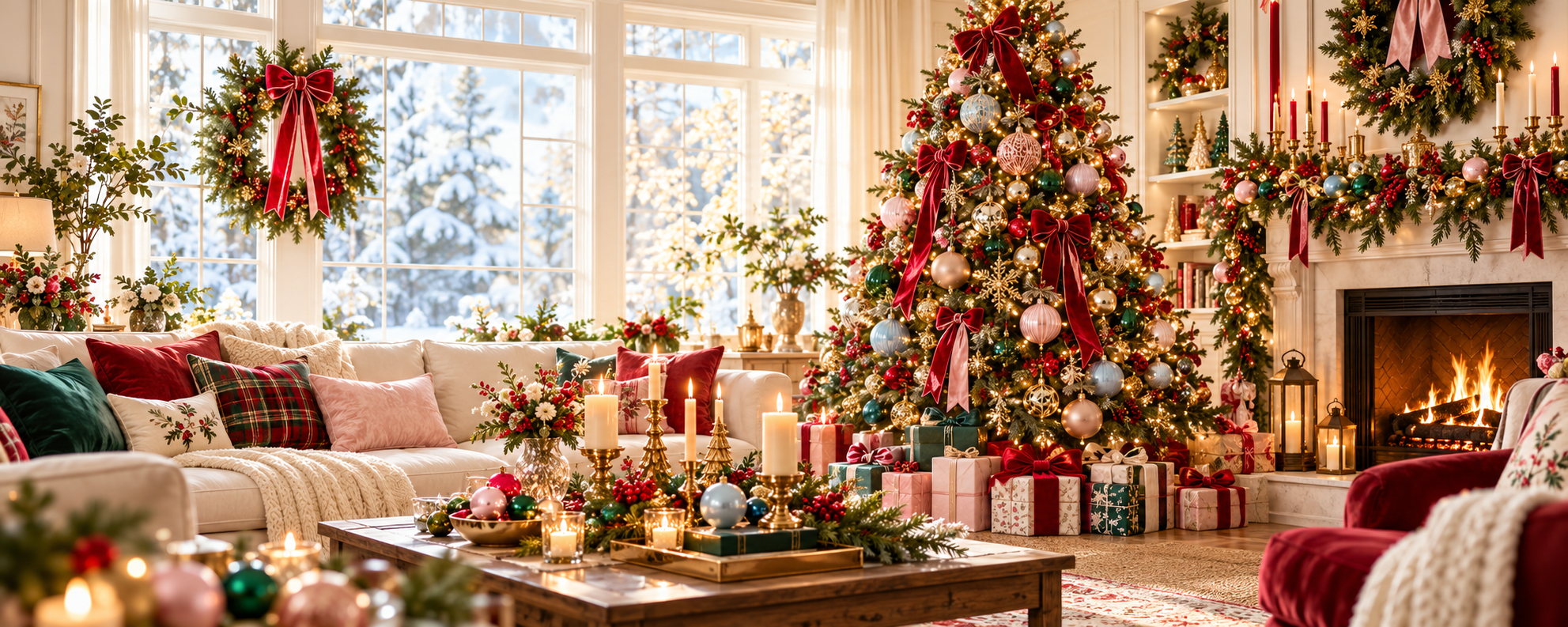 A warmly decorated Christmas living room